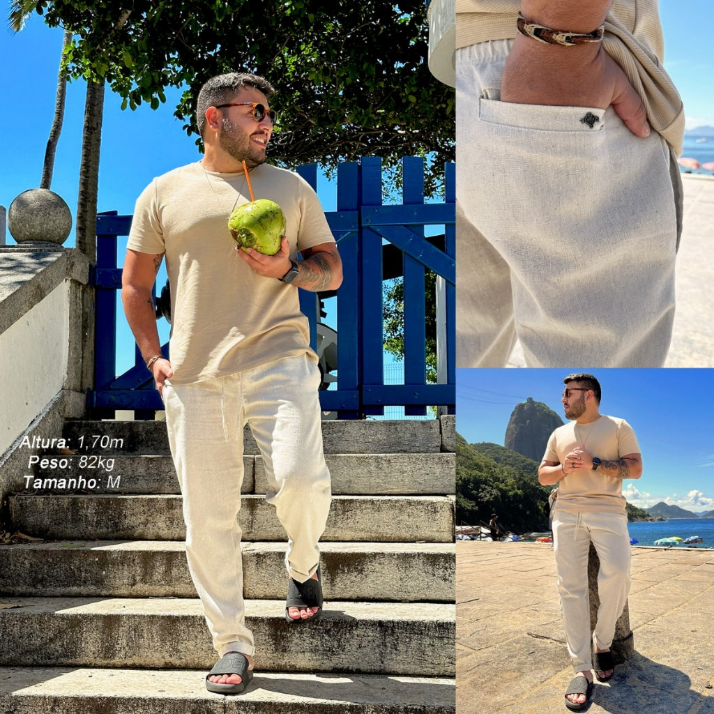 Calça De Linho Masculina Rústica Leve Bege Praia Cordão Ajustável Premium Verão Estilosa Moderna