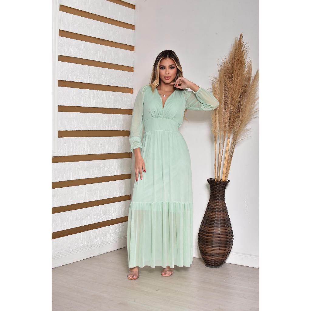 Vestido longo Feminino de tule manga longa de festa, casamento com bojo todo forrado