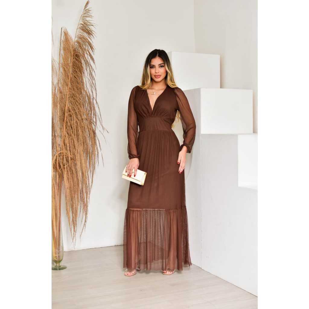 Vestido longo Feminino de tule manga longa de festa, casamento com bojo todo forrado