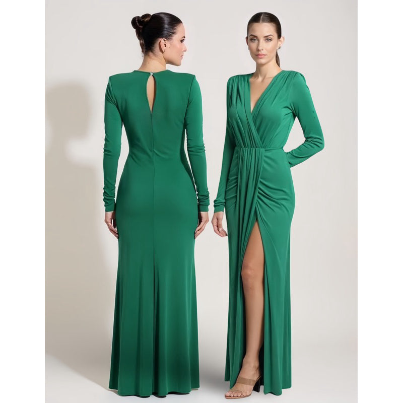 Vestido Longo drapeado com fenda manga longa elegante festa casamento