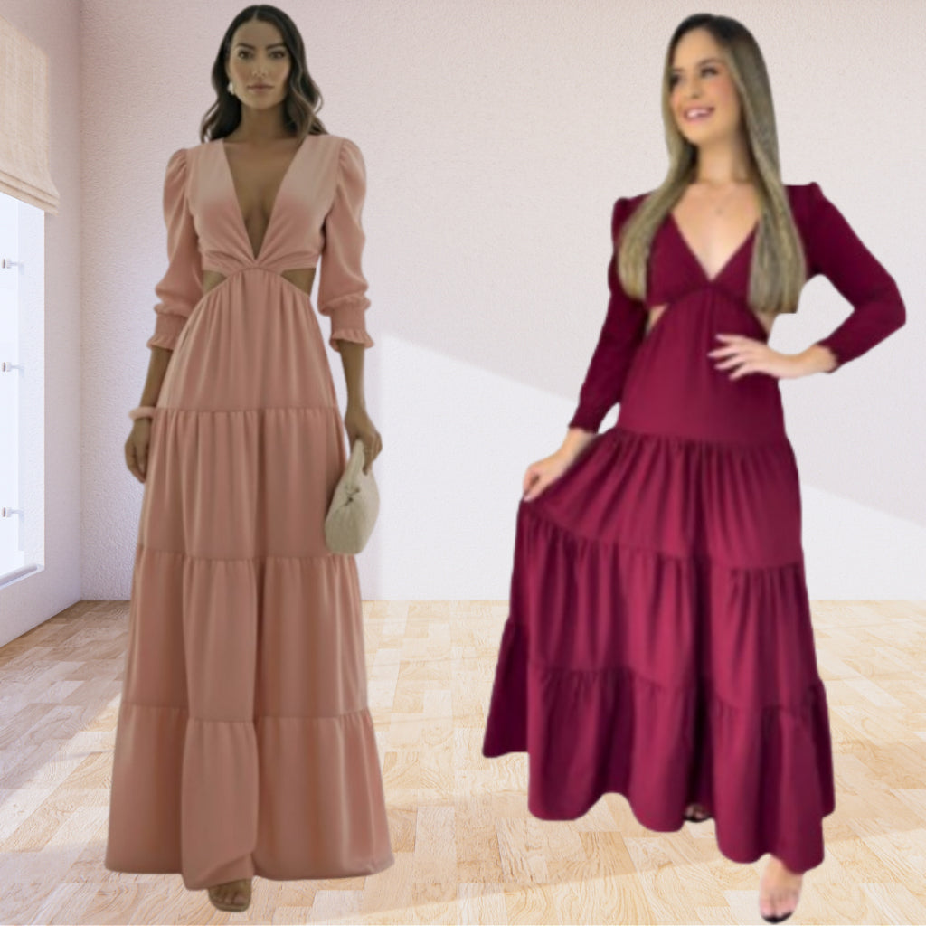Vestido Longo Elegante Feminino Decote V Profundo Em Tecido Premium Manga Longa Casamento Madrinha Princesa Luxuoso Sexy