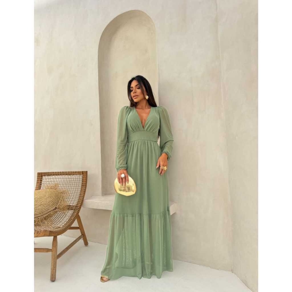 Vestido longo Feminino de tule manga longa de festa, casamento com bojo todo forrado