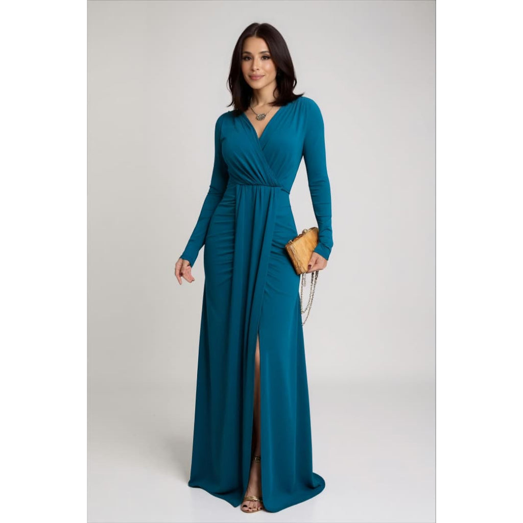 Vestido Longo drapeado com fenda manga longa elegante festa casamento