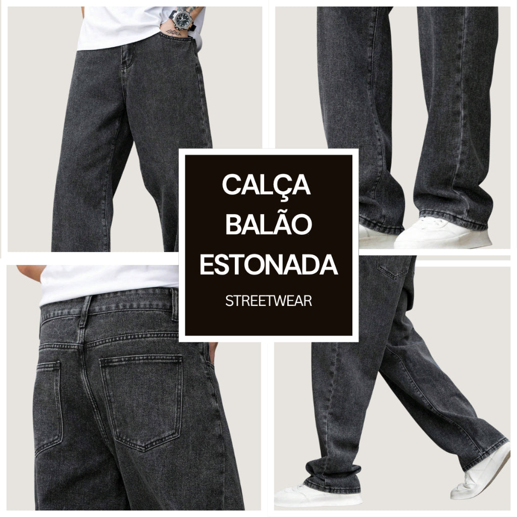 Calça Balão Jeans Masculina Grafite 100% Algodão Grosso Boca Larga Bag Streetwear Urbana Casual Moda Atual Tendência