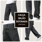 Calça Balão Jeans Masculina Grafite 100% Algodão Grosso Boca Larga Bag Streetwear Urbana Casual Moda Atual Tendência