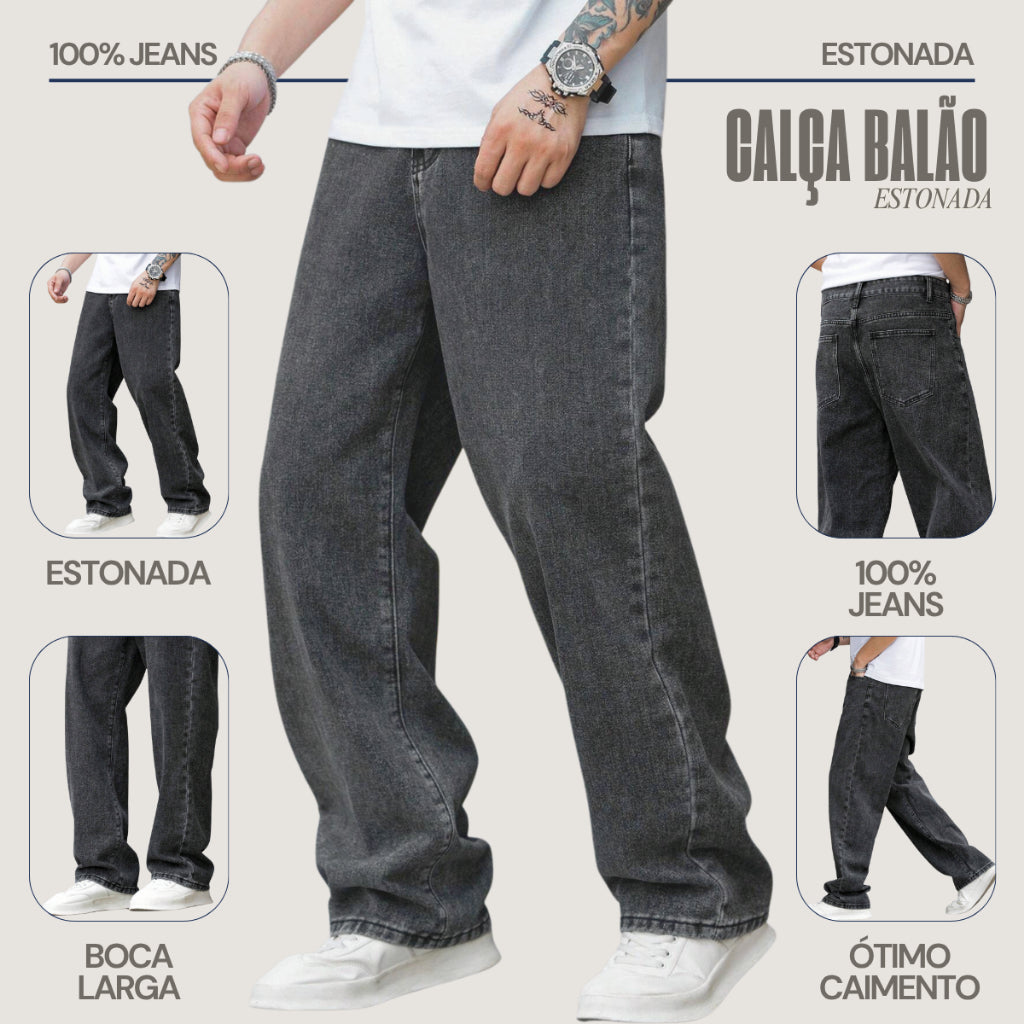 Calça Balão Jeans Masculina Grafite 100% Algodão Grosso Boca Larga Bag Streetwear Urbana Casual Moda Atual Tendência