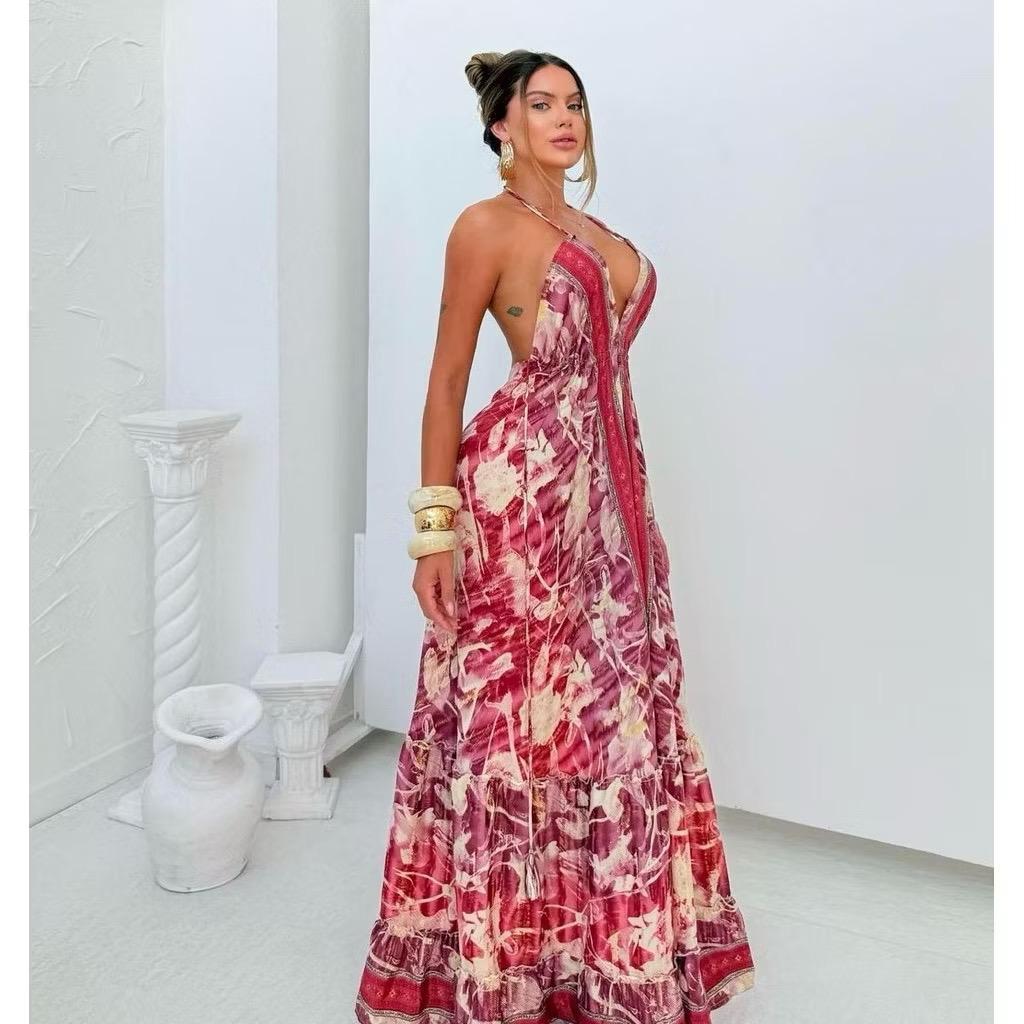 Vestido Longo Seda Indiana Frente Única Costa Nua- Estilo Boho Chic