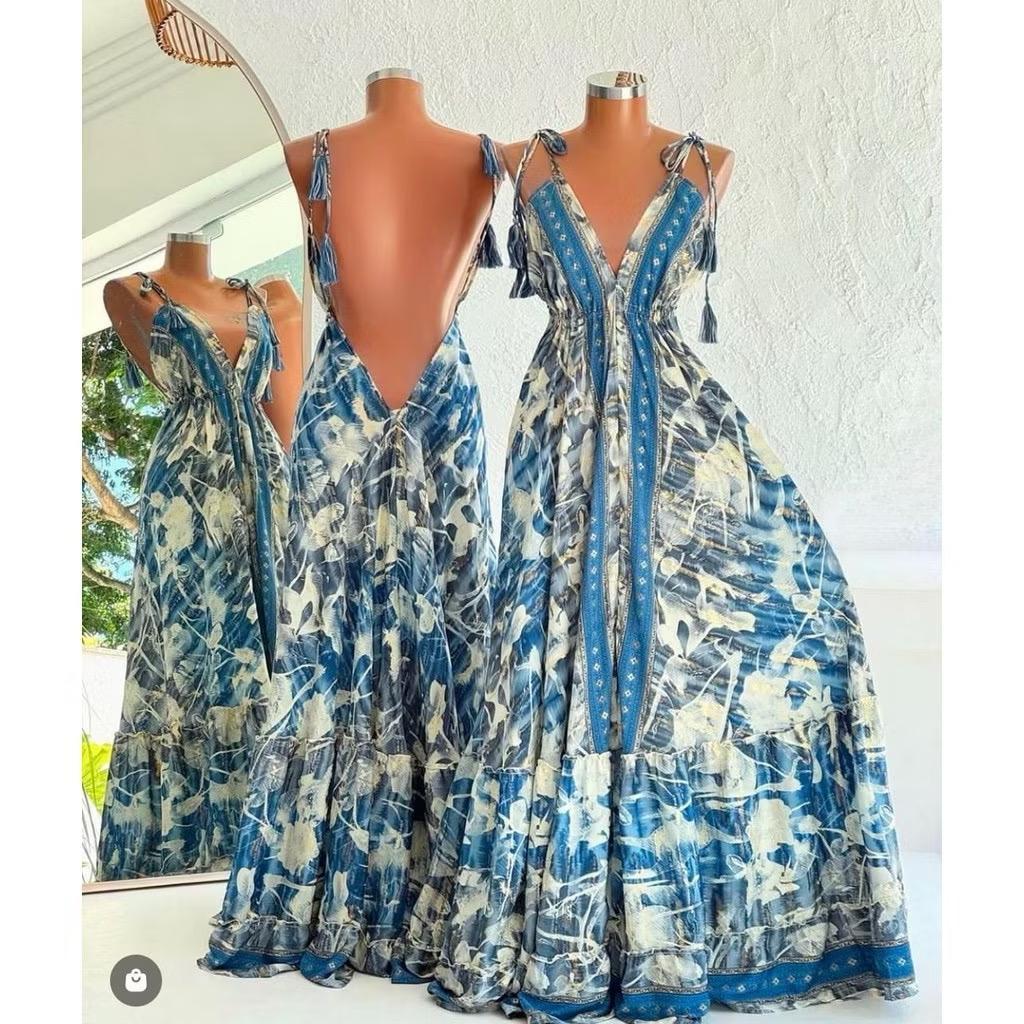 Vestido Longo Seda Indiana Frente Única Costa Nua- Estilo Boho Chic