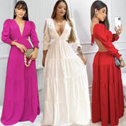 Vestido Longo Elegante Feminino Decote V Profundo Em Tecido Premium Manga Longa Casamento Madrinha Princesa Luxuoso Sexy