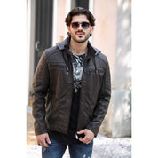 jaqueta de couro masculina com touca slim