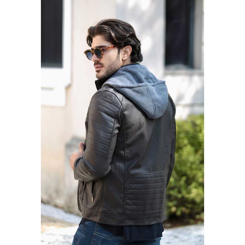 jaqueta de couro masculina com touca slim