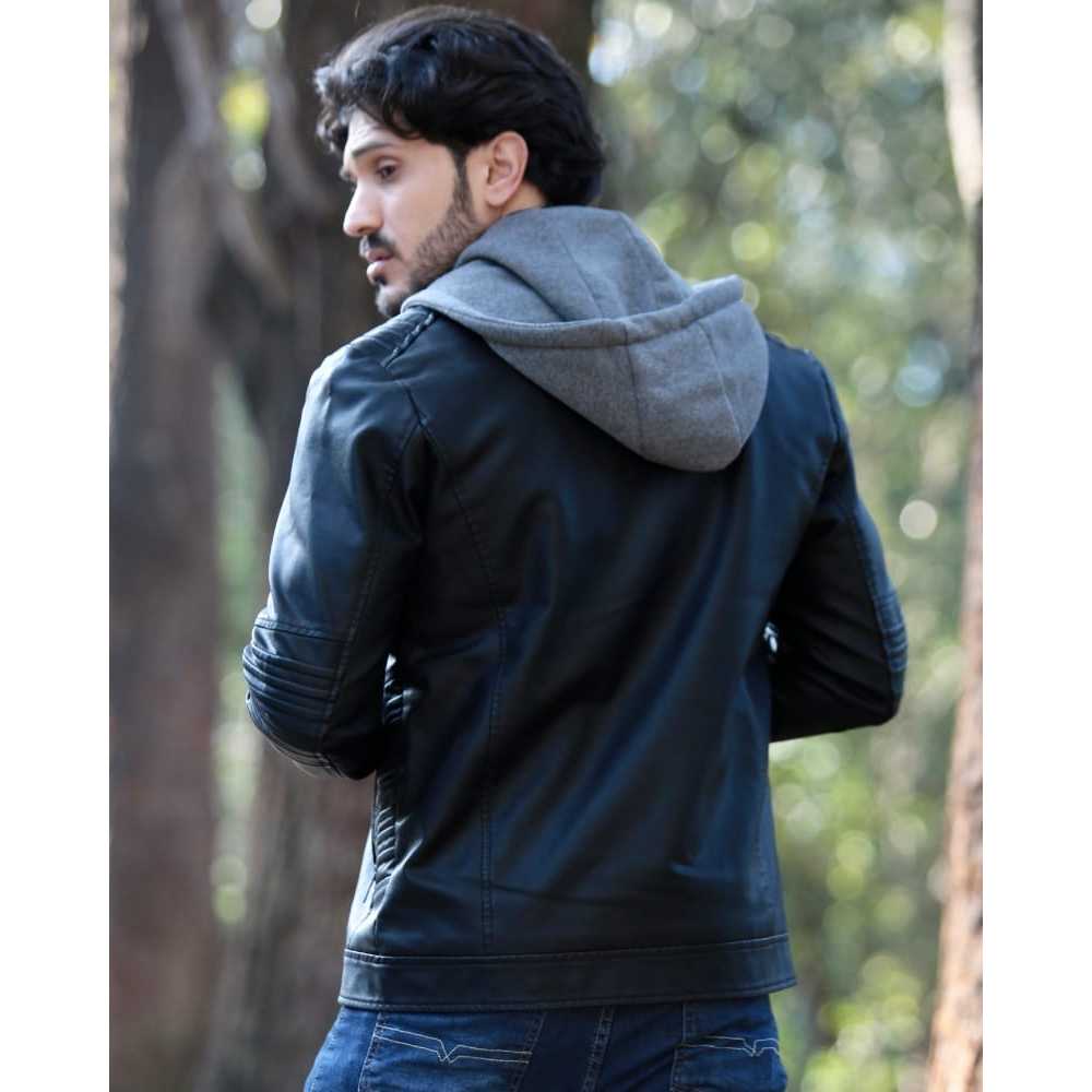 jaqueta de couro masculina com touca slim