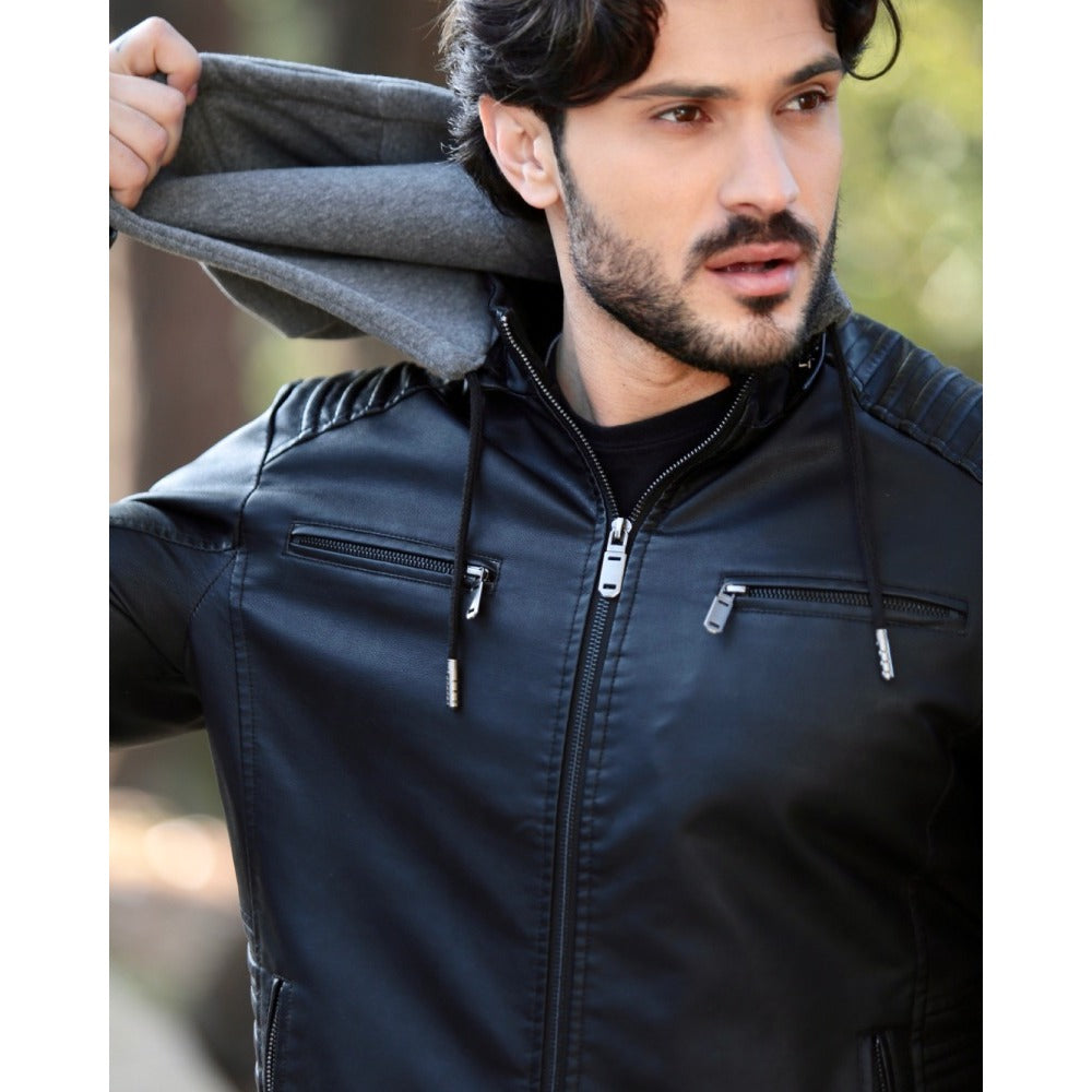 jaqueta de couro masculina com touca slim