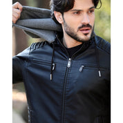 jaqueta de couro masculina com touca slim