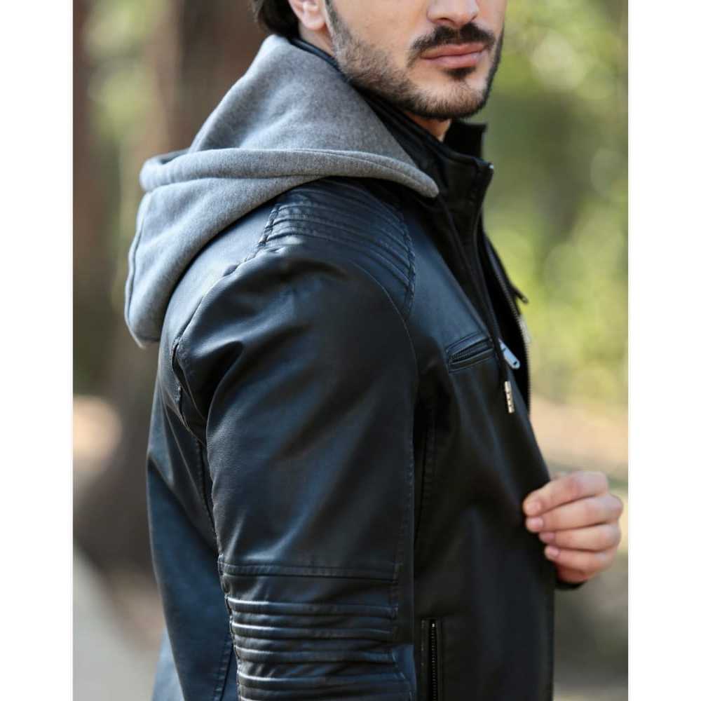 jaqueta de couro masculina com touca slim