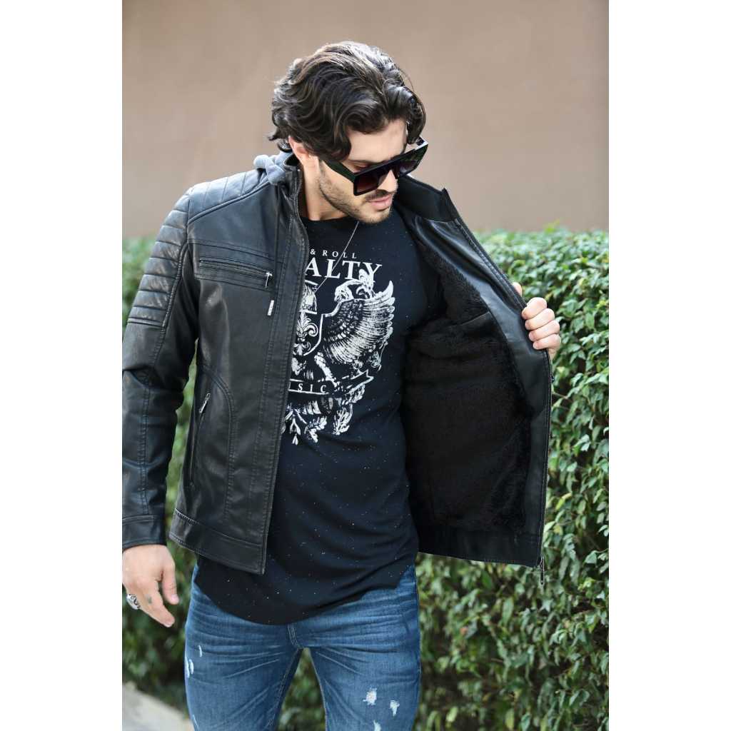 jaqueta de couro masculina com touca slim