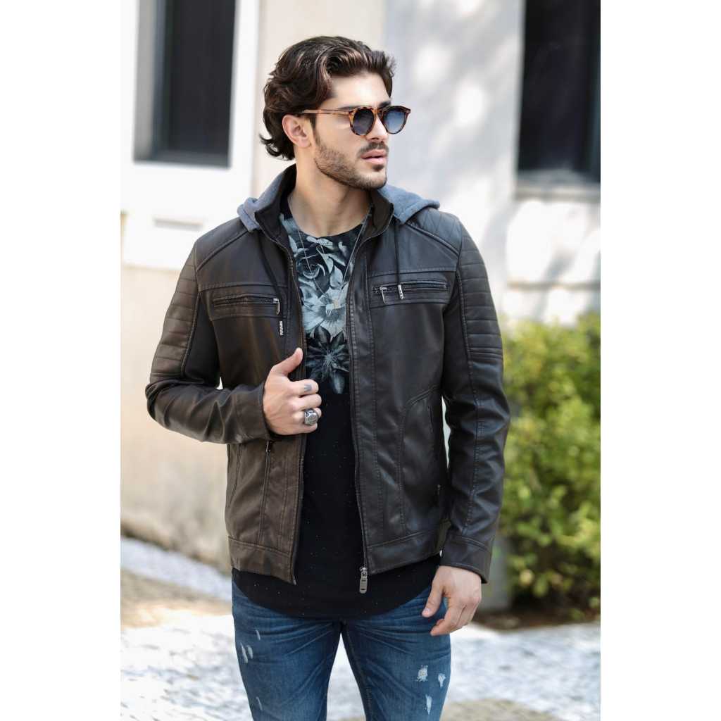 jaqueta de couro masculina com touca slim