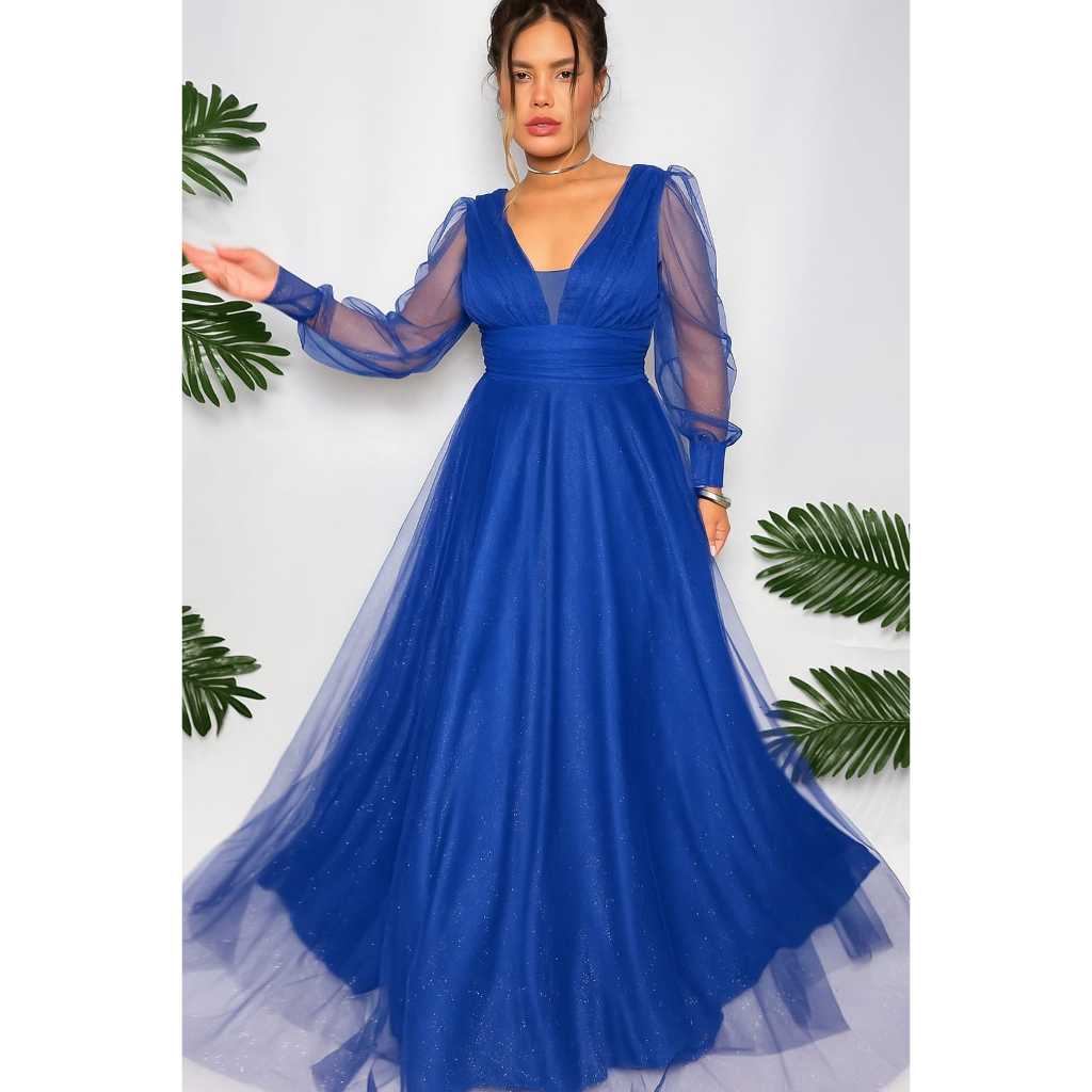 Vestido de Festa Feminina Luxo com Brilho e Manga Longa Madrinha, Formatura, Casamento e Convidadas