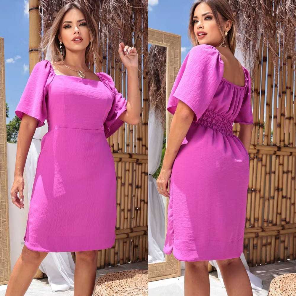 Vestido feminino Midi tecido Duna Air Flow forrado Manga Flare