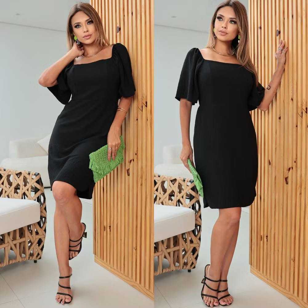 Vestido feminino Midi tecido Duna Air Flow forrado Manga Flare