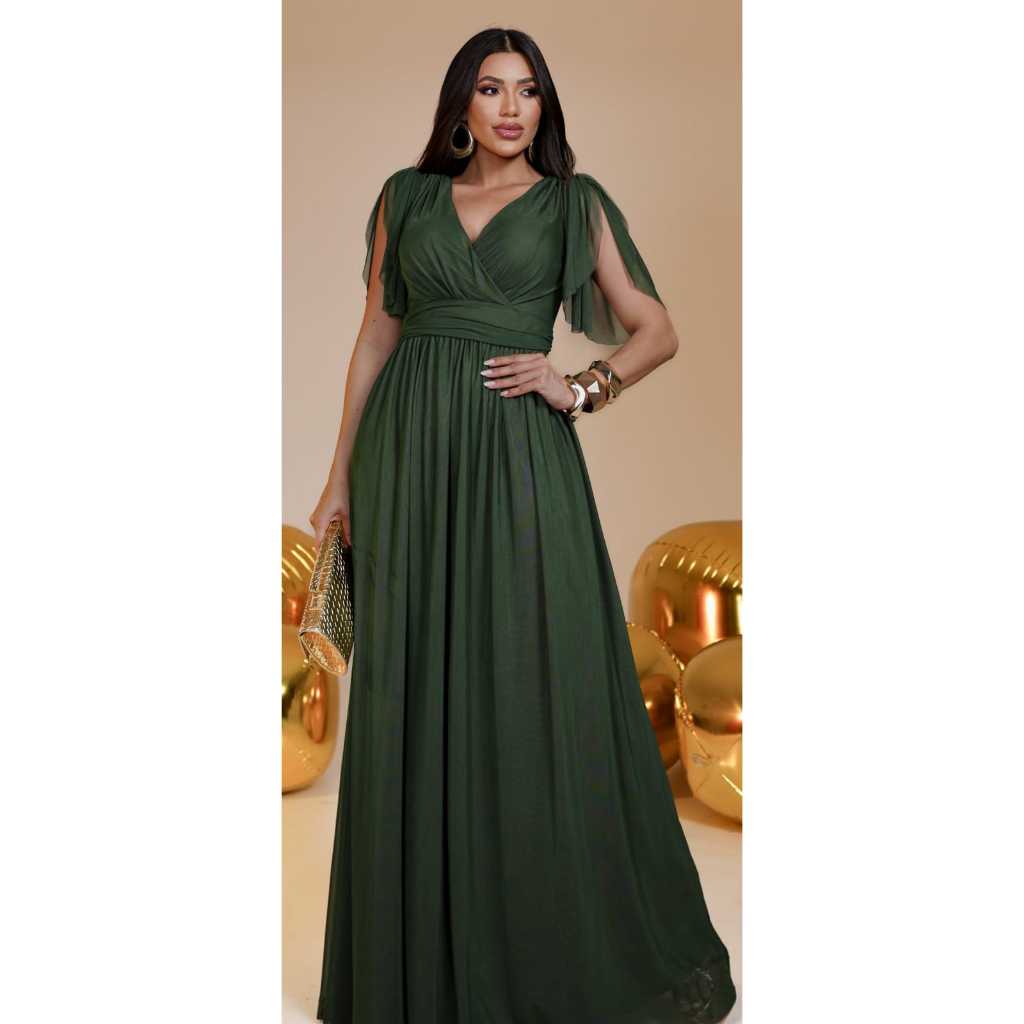 vestido feminino rubi elegante tule com manga fluida , para festas, casamento e formaturas