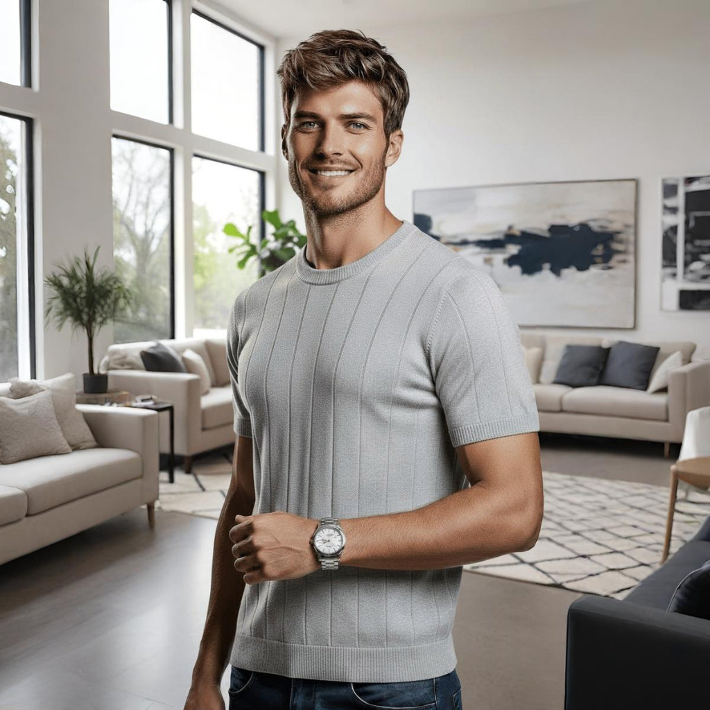 Camisa Masculina De Tricô Estilosa Malha Texturizada Básica Lisa Slim Premium