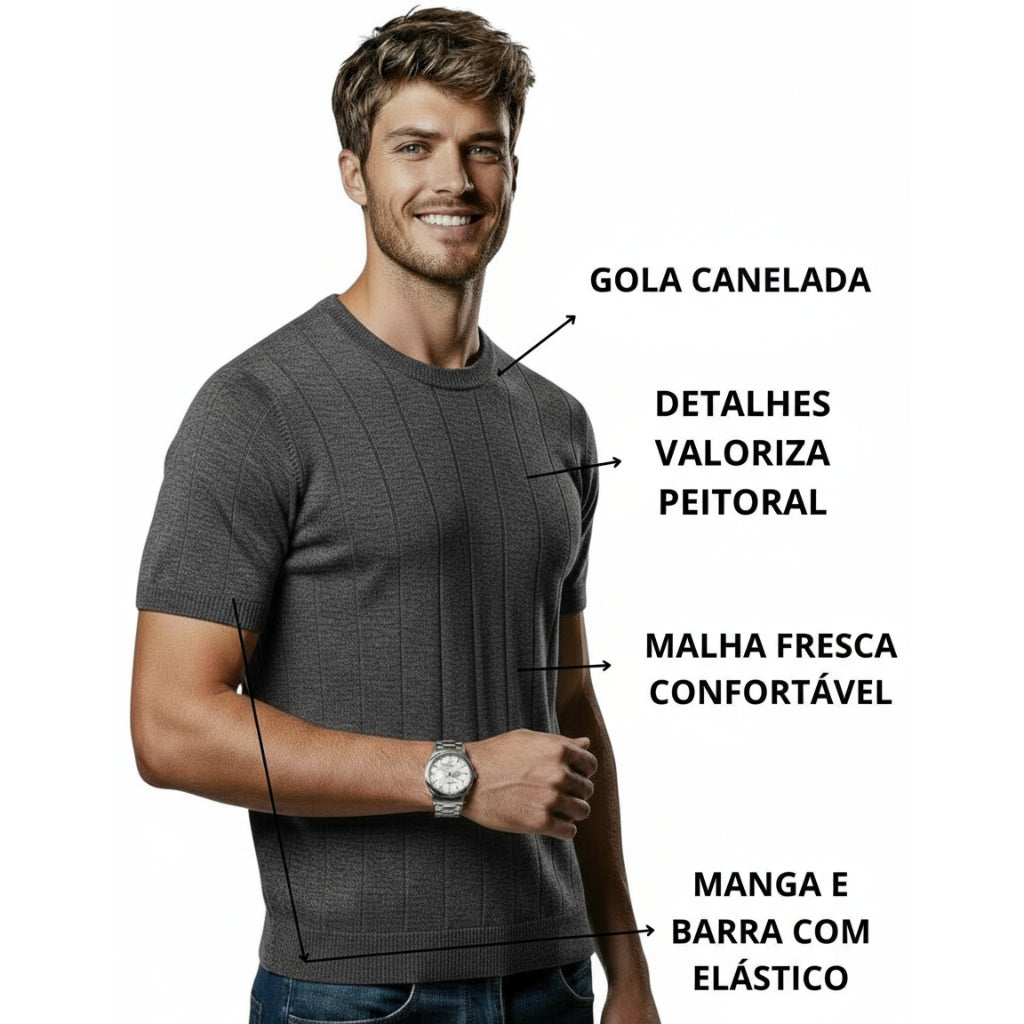 Camisa Masculina De Tricô Estilosa Malha Texturizada Básica Lisa Slim Premium