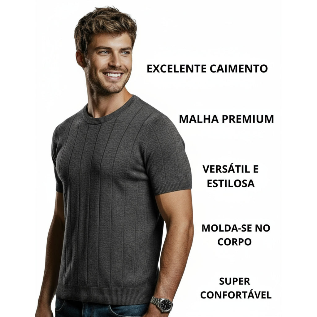Camisa Masculina De Tricô Estilosa Malha Texturizada Básica Lisa Slim Premium