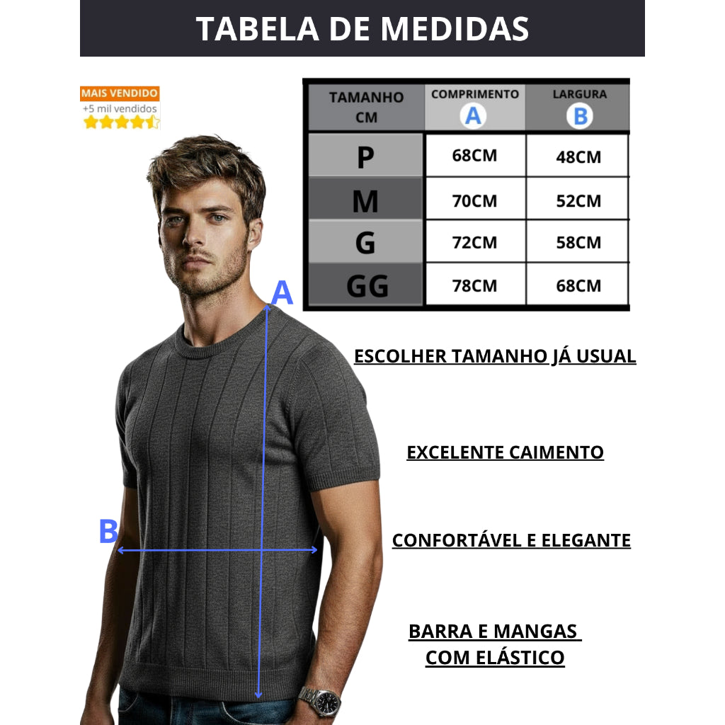 Camisa Masculina De Tricô Estilosa Malha Texturizada Básica Lisa Slim Premium