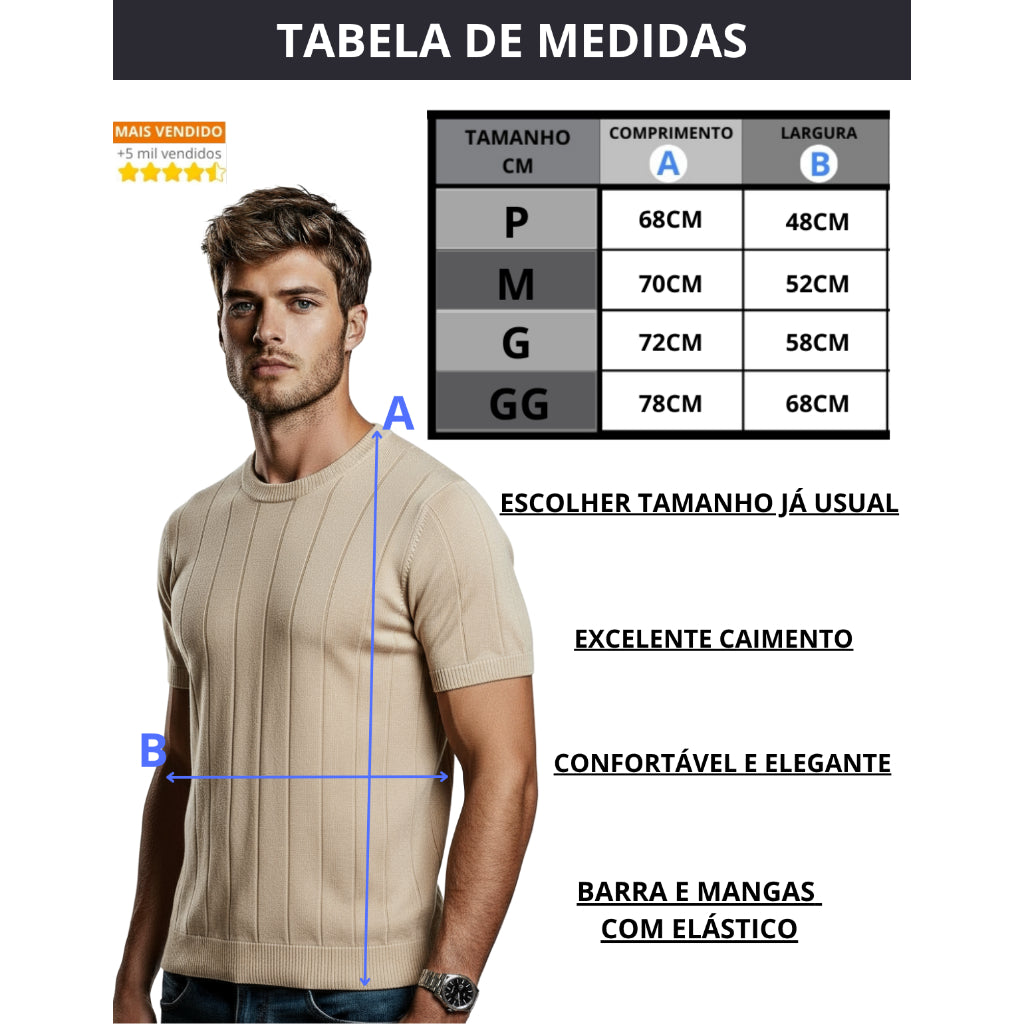 Camisa Masculina Social Manga Curta Gola Redonda Padre Malha Canelada Tricot