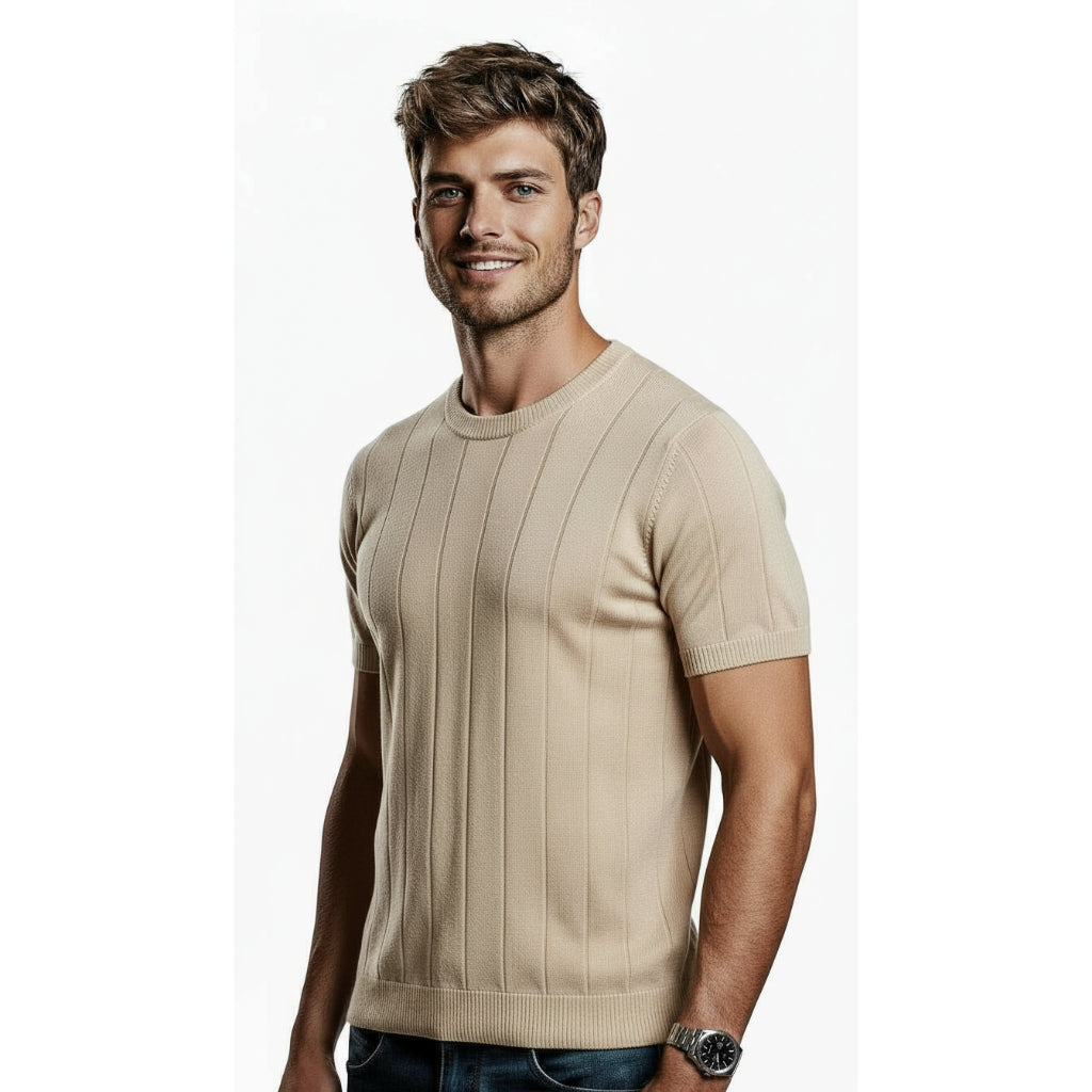 Camisa Masculina Social Manga Curta Gola Redonda Padre Malha Canelada Tricot