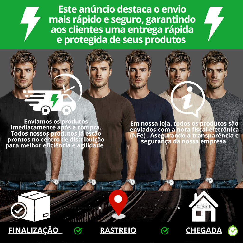 Camisa Masculina Social Manga Curta Gola Redonda Padre Malha Canelada Tricot
