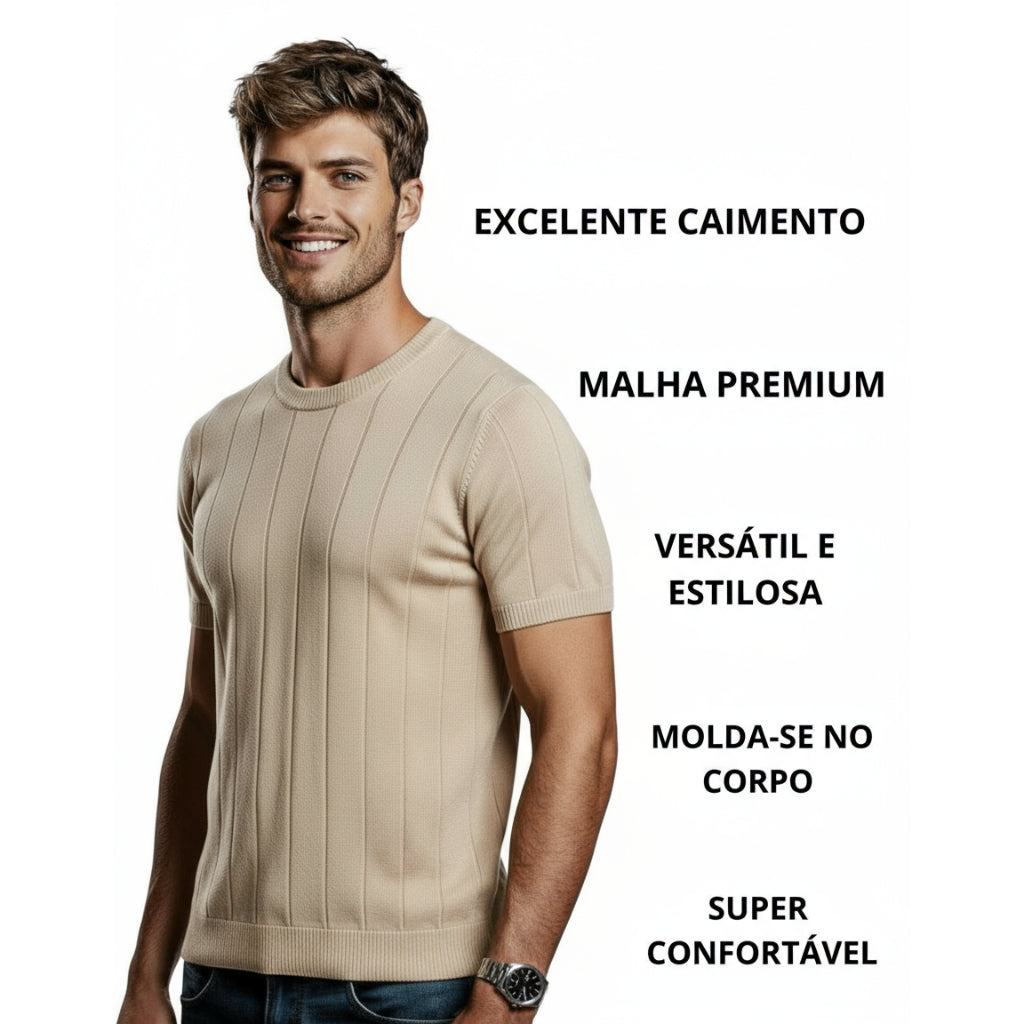 Camisa Masculina Social Manga Curta Gola Redonda Padre Malha Canelada Tricot