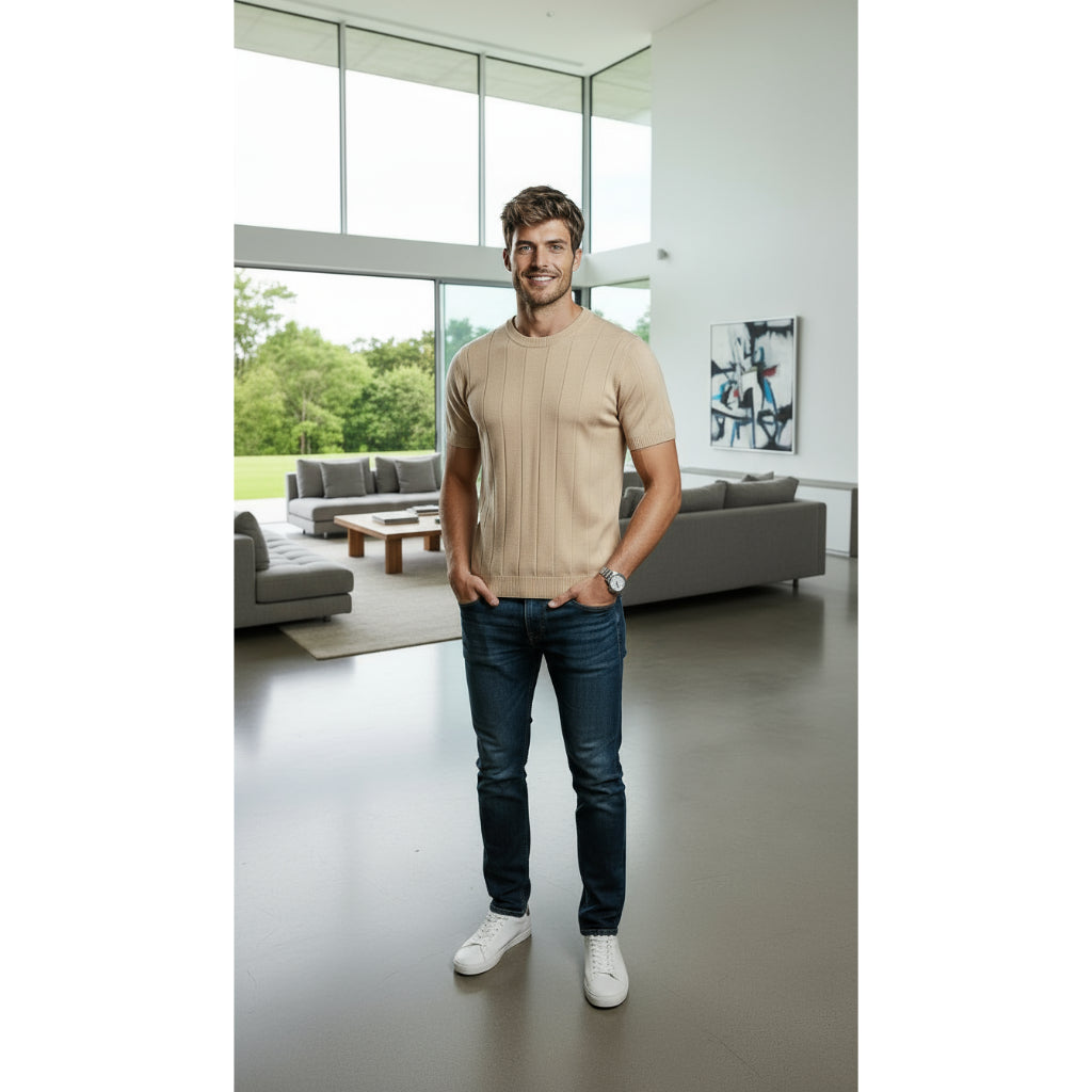 Camisa Masculina Social Manga Curta Gola Redonda Padre Malha Canelada Tricot