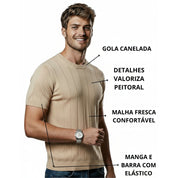 Camisa Masculina Social Manga Curta Gola Redonda Padre Malha Canelada Tricot