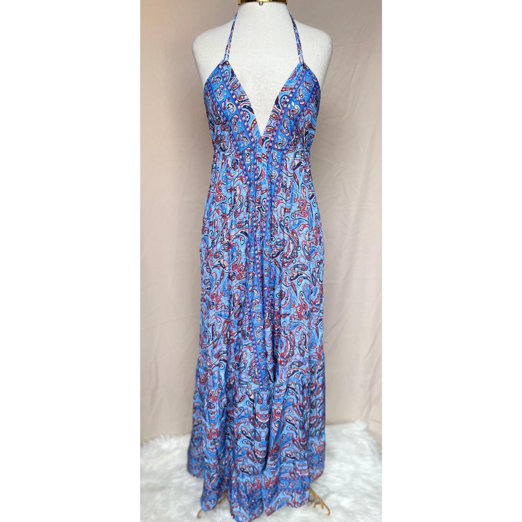 Vestido Longo Seda Indiana Frente Única Costa Nua- Estilo Boho Chic