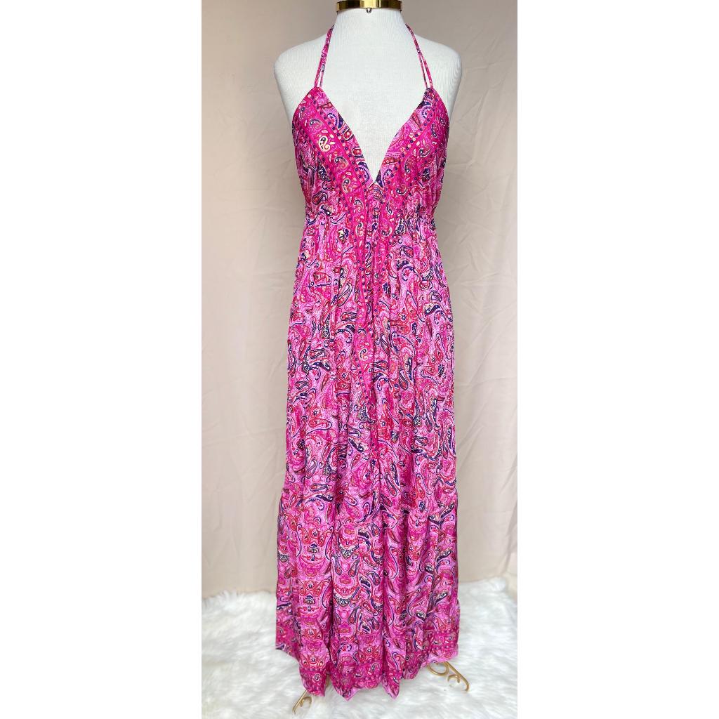 Vestido Longo Seda Indiana Frente Única Costa Nua- Estilo Boho Chic