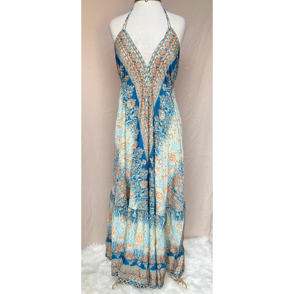 Vestido Longo Seda Indiana Frente Única Costa Nua- Estilo Boho Chic