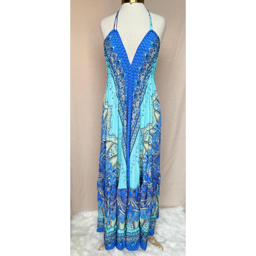 Vestido Longo Seda Indiana Frente Única Costa Nua- Estilo Boho Chic