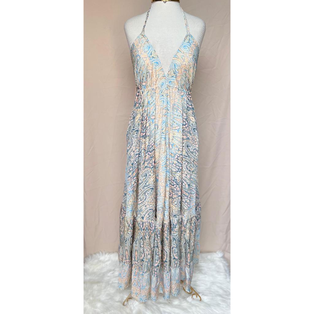 Vestido Longo Seda Indiana Frente Única Costa Nua- Estilo Boho Chic