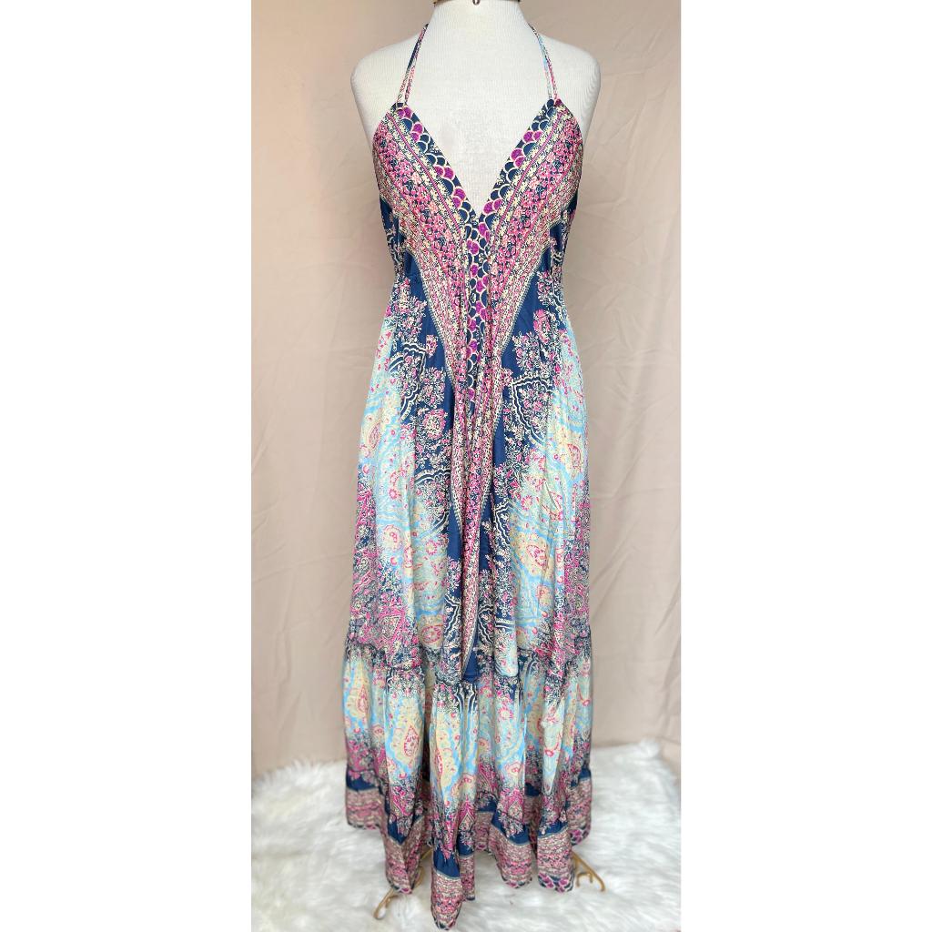 Vestido Longo Seda Indiana Frente Única Costa Nua- Estilo Boho Chic