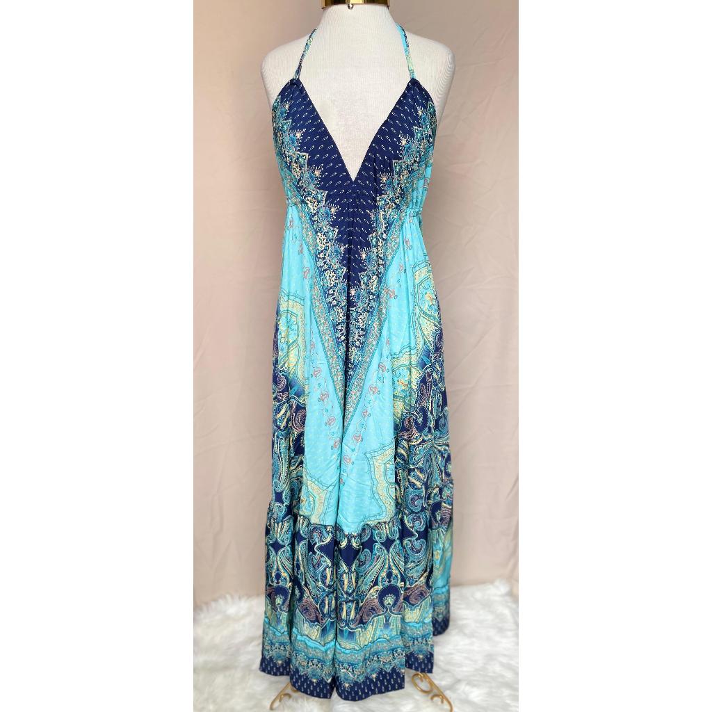 Vestido Longo Seda Indiana Frente Única Costa Nua- Estilo Boho Chic