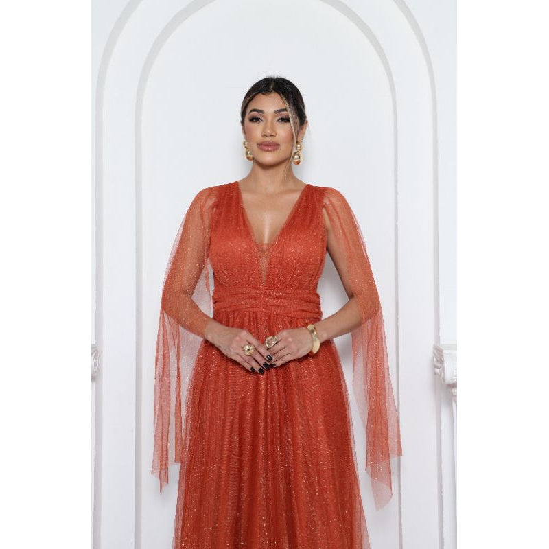 vestido de madrinha manga capa brilhoso decote V ideal para festas formandas