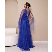 vestido de madrinha manga capa brilhoso decote V ideal para festas formandas