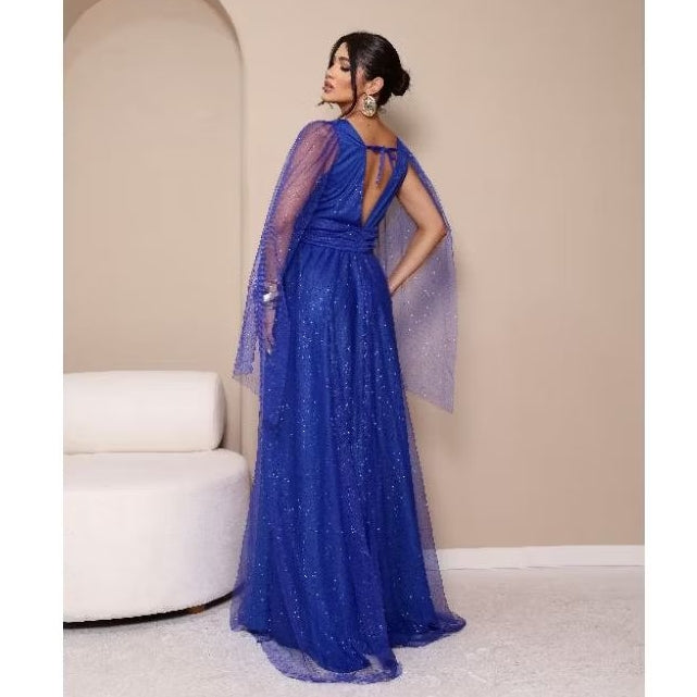 vestido de madrinha manga capa brilhoso decote V ideal para festas formandas