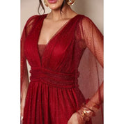 vestido de madrinha manga capa brilhoso decote V ideal para festas formandas