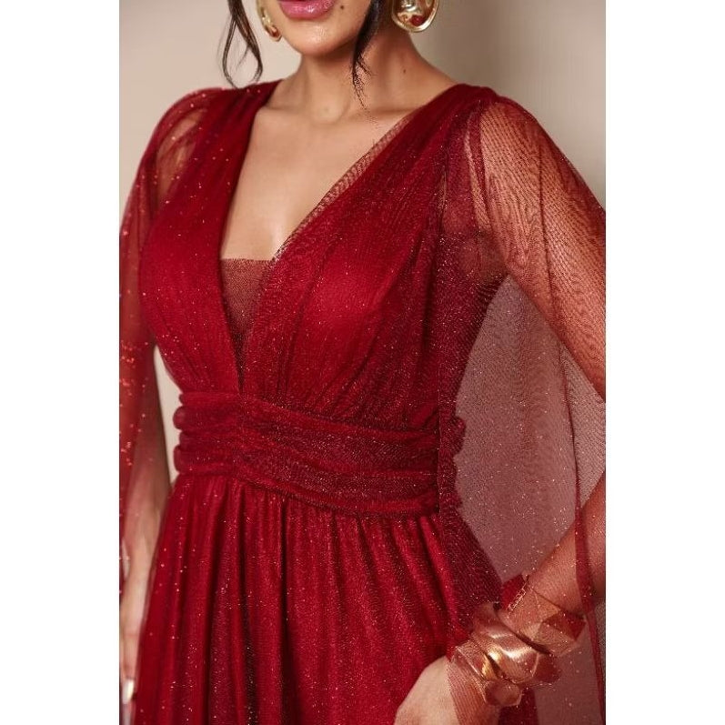 vestido de madrinha manga capa brilhoso decote V ideal para festas formandas