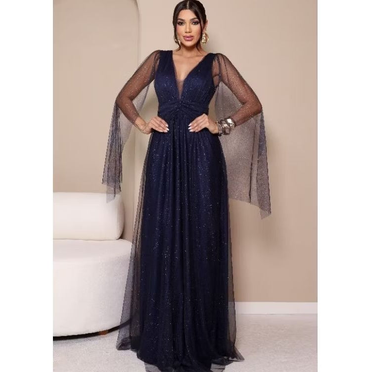vestido de madrinha manga capa brilhoso decote V ideal para festas formandas