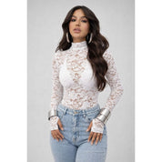 Body Feminino Renda Tule Transparente Dedeira Floral Manga Longa Blusa Flor