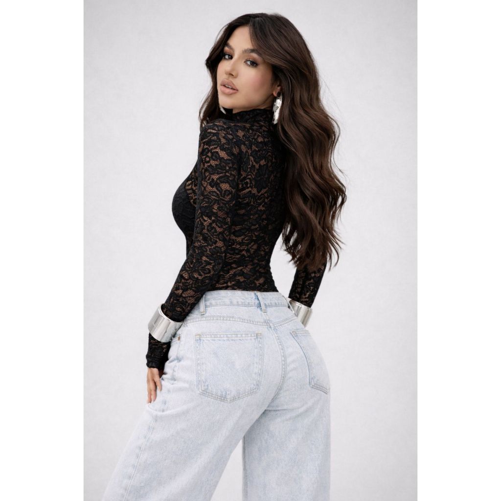 Body Feminino Renda Tule Transparente Dedeira Floral Manga Longa Blusa Flor